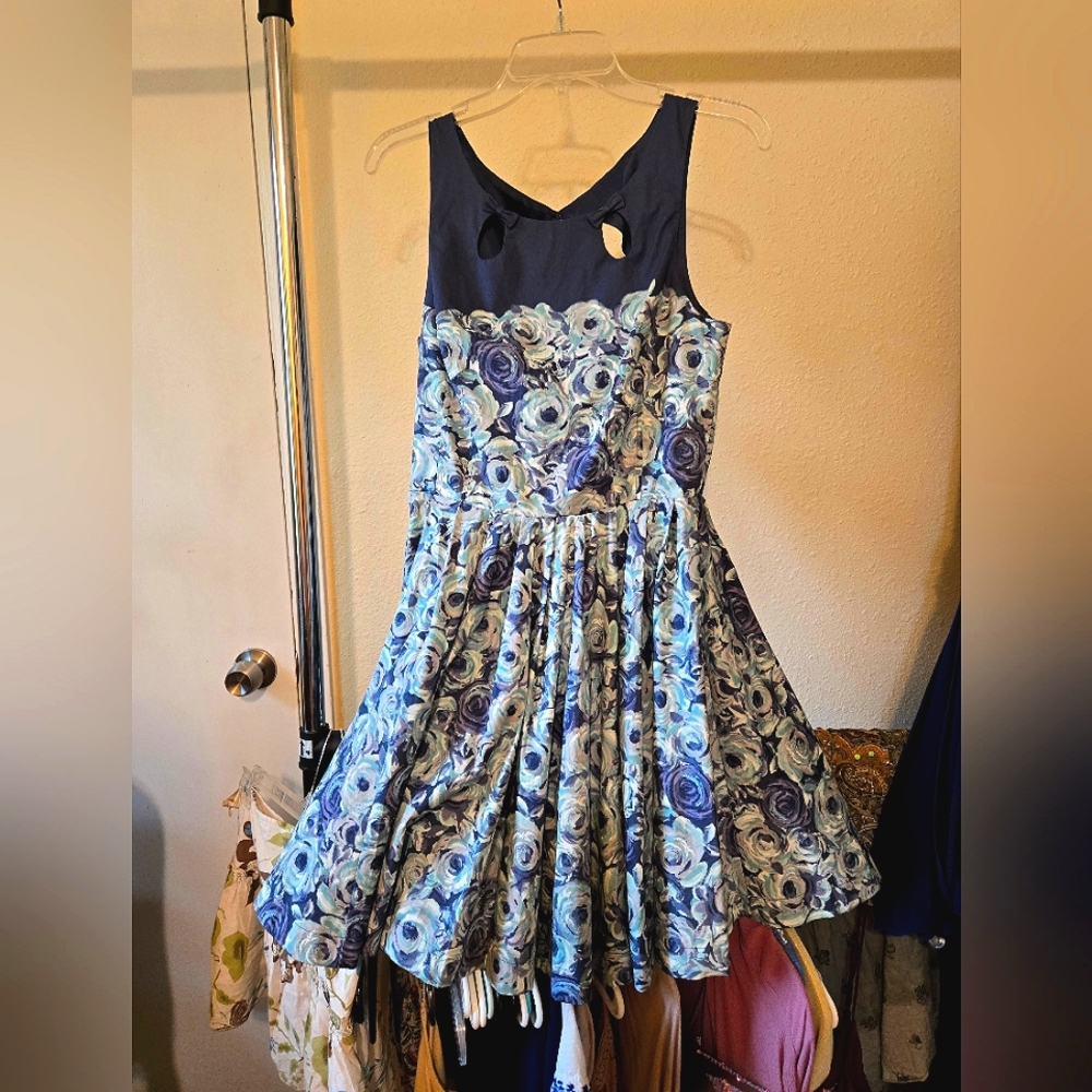 Lauren Conrad, blue roses, tea length sleeveless dress, size 10